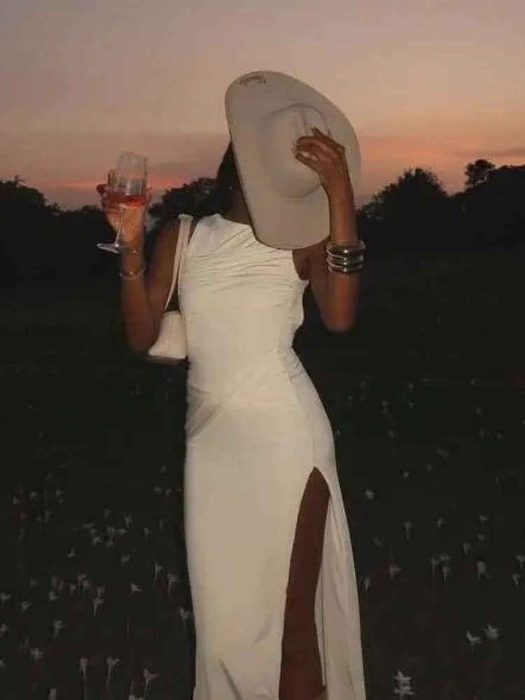 EOENKKY Backless Increspato Elegante Abito Lungo Abito Da Donna Estate Nuovo O Collo Coscia Alta Divisa Aderente Sexy Maxi Vestito Dal Carro Armato di Modo