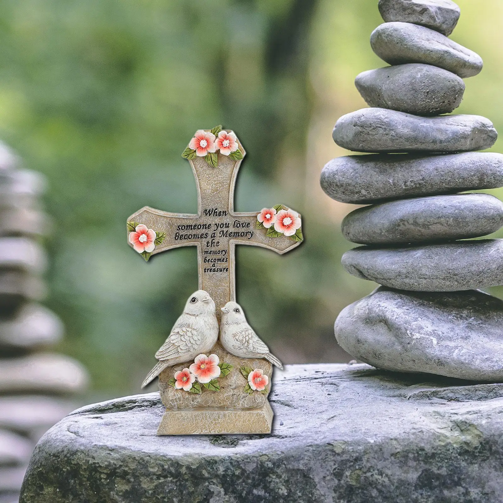 

Resin Cross and Lovebirds Statue with Solar Light for Flower Bed Accessories