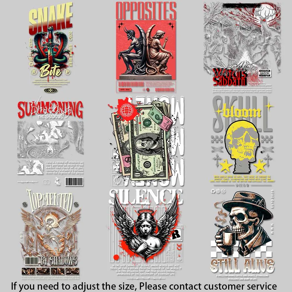 Dark Gothic Iron-On Transfers Skull Coffee Mechanic Snake DIY Patch for Tote Bag Tshirt Pillow Quick - drying Heat Transfer