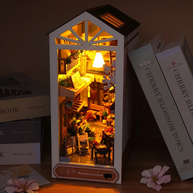 Imagem -02 - Japonês de Madeira Faça Você Mesmo Livro Nook Inserção de Prateleira Kits em Miniatura Beco após Chuva Estante Casa de Boneca Decoração Bookend Presente Artesanal