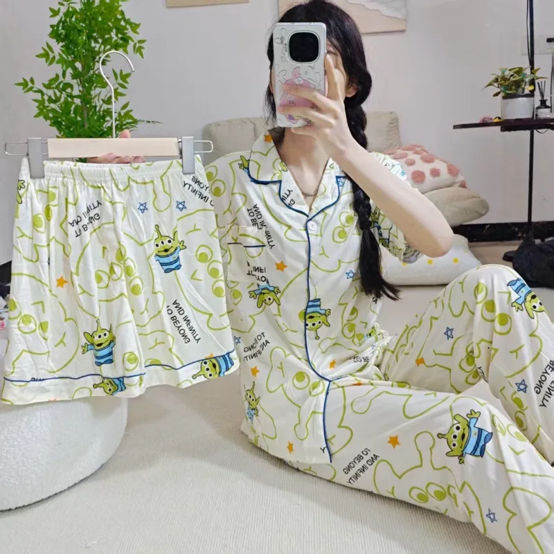 2025 夏の新しいスリーピース女性の夏のクールなパジャマかわいいエイリアン三つ目の少年プリントカジュアルで快適なラウンジウェアセット