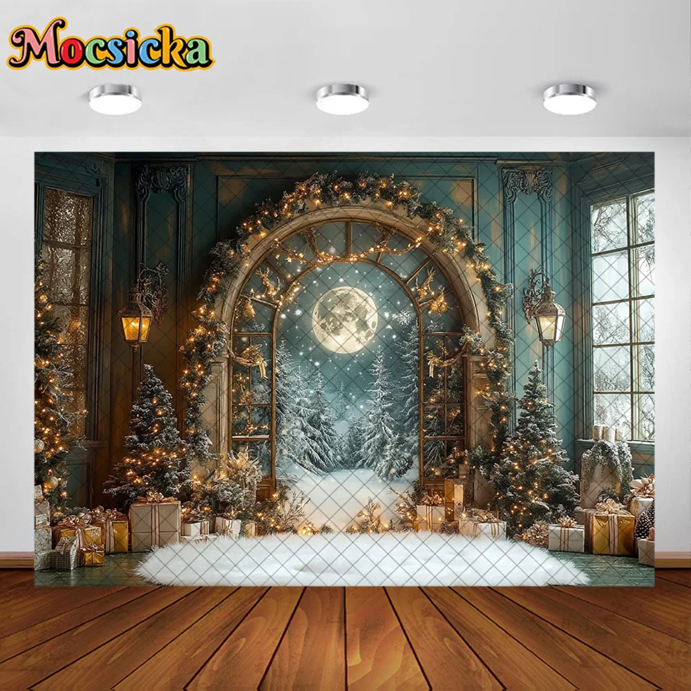 Mocsicka خلفيات للتصوير الفوتوغرافي شجرة عيد الميلاد نافذة القمر ديكورا الأسرة عيد الميلاد عطلة صورة خلفيات الصور للصور