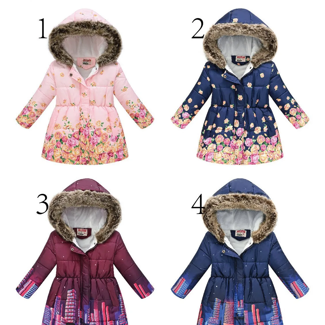 2024Thickened winter children's printed cotton-padded girls fashion with fur collar zipper and hat casual down jacket 3-10 years