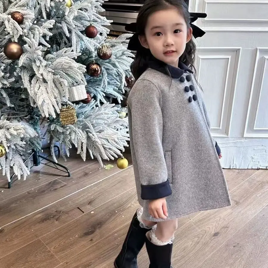 Kids Double-Sided Woolen Coat Thick Outerwear Stylish Chic Button Closure Pleated Design Warm Winter Jacket for Children 2-9Y