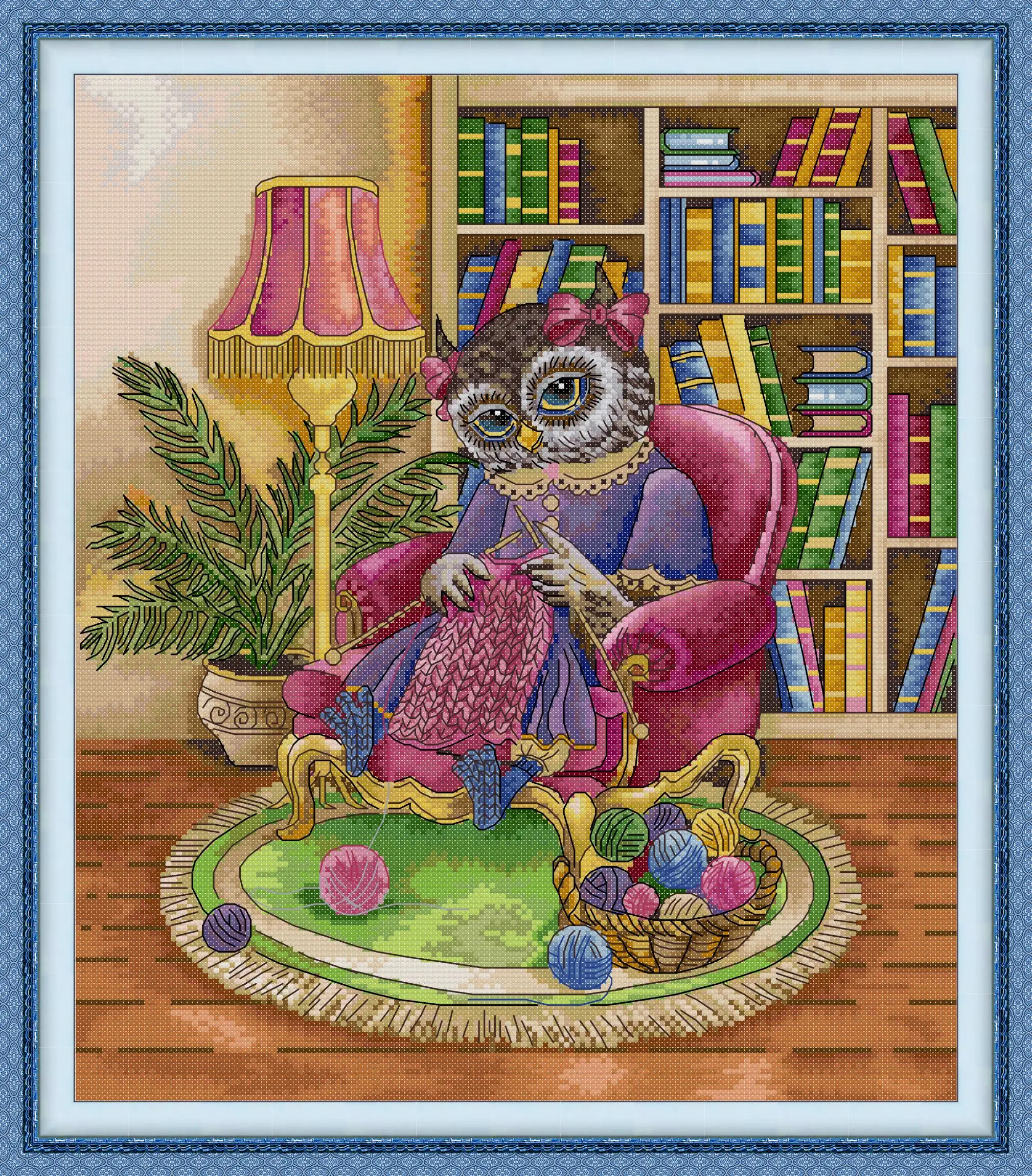 

Soulgift News Pre-Printed Cross Stitch Kit, Stamped Aida Fabric with DMC Threads, Easy to Follow - The Owl Who Loves to Knit