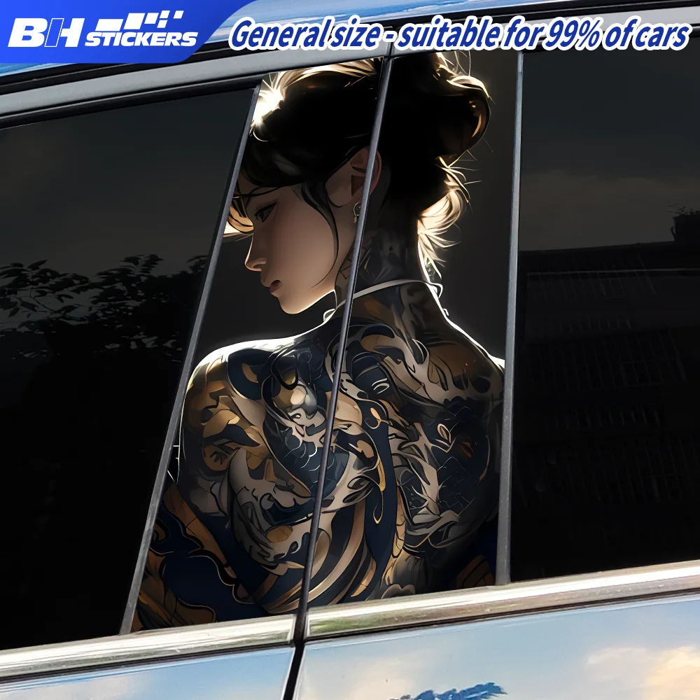 Japanese Tattoo Girl Car B-Pillar Stickers Cool Anime Woman Decals Waterproof Door Window Pillar Protection Film Vehicle Wrap view 3