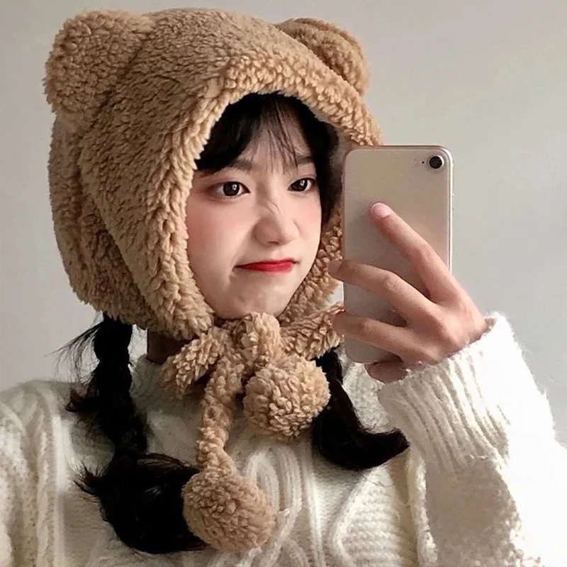 Girl Knit Ear Protection Hat Cute Bear Women Earmuffs Cap Woolen Crochet Bonnet Solid Color Hood Beanies Winter Warm Hats