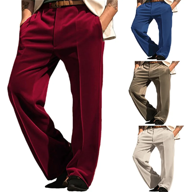 Men Solid Color Straight Wide Leg Casual Business Simple Basic Trendy Daily Velvet Trousers European American New Fashion Male
