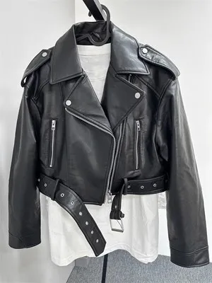 Blouson court en similicuir PU femme, vintage, avec ceinture, streetwear, rétro, avec fermeture éclair, vêtement d'extérieur, pour motard, 2024