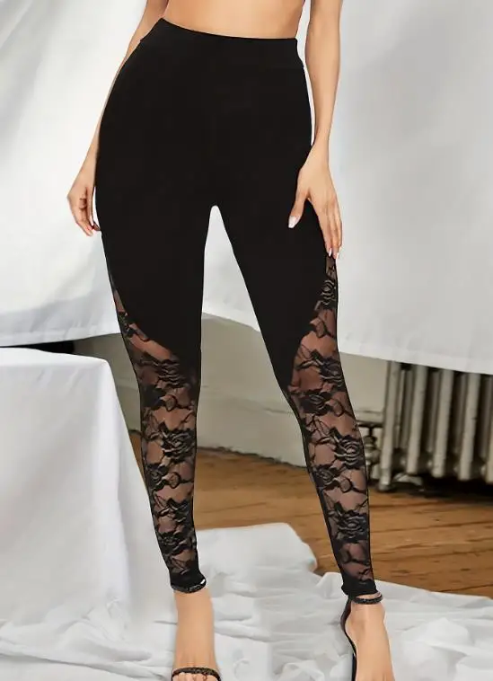 

2025 Autumn New Women's Sexy Hollow Lace Patchwork Sexy High Waist Elastic Tight Pants Women's Tight Pants