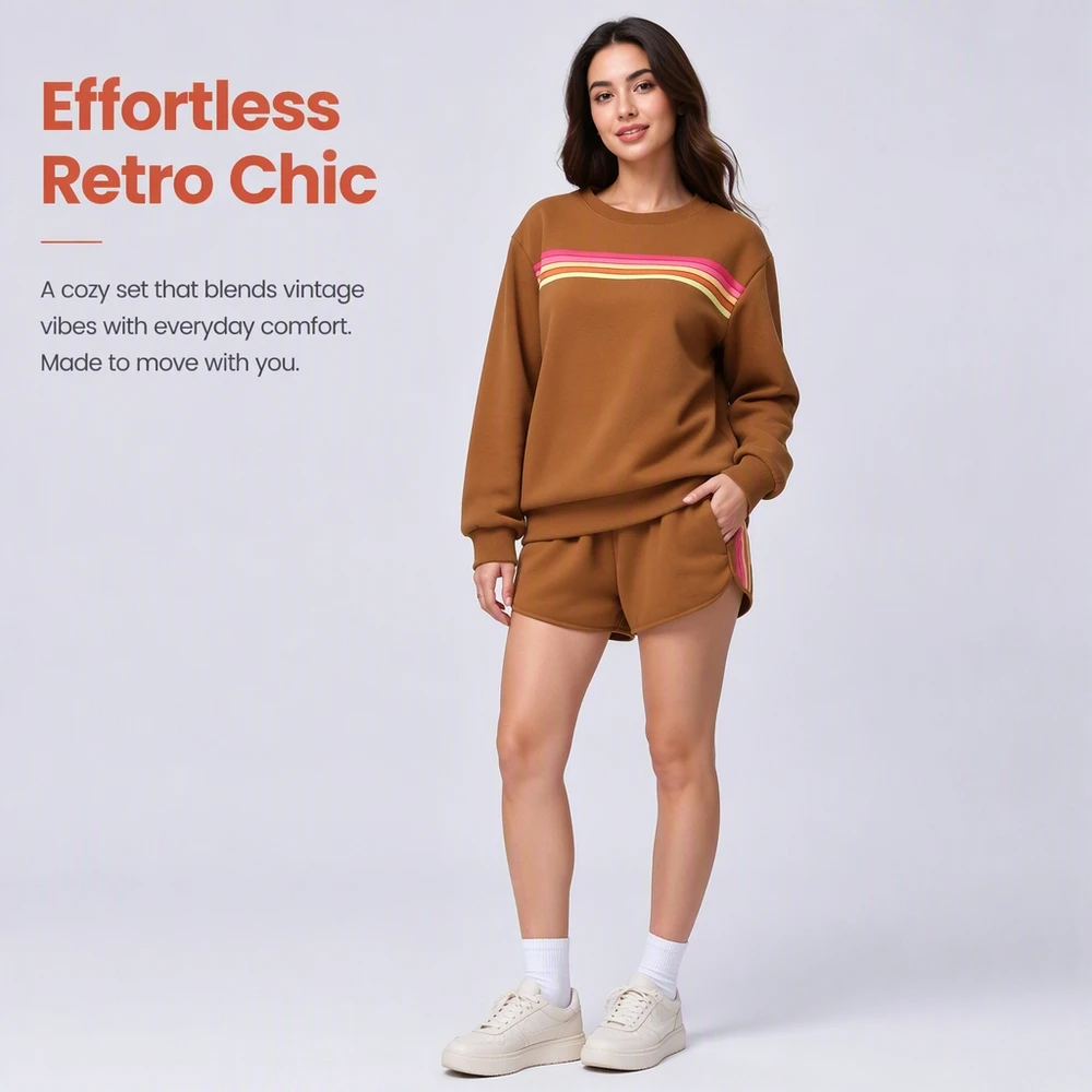 Conjunto Deportivo de 2 Piezas para Mujer, con Sudadera a Rayas y Pantalones Cortos Deportivos con Prácticos Bolsillos Laterales. Diseñado para Máxima Comodidad, Este Cálido Conjunto Casual para Estar en Casa es Ideal para Uso Diario, Entrenamientos en el Gimnasio o para Relajarse en Interiores.