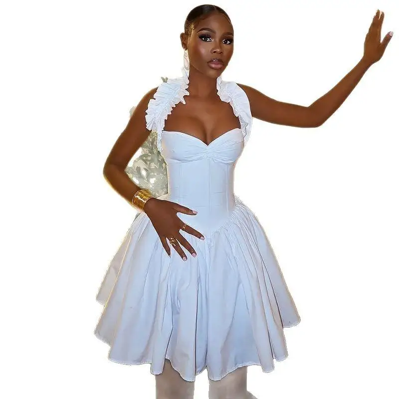 กระโปรงทรงเอเอวสูงจีบระบายแบบเซ็กซี่ สไตล์ยุโรป สีพื้น แฟชั่นฤดูใบไม้ผลิสำหรับผู้หญิง