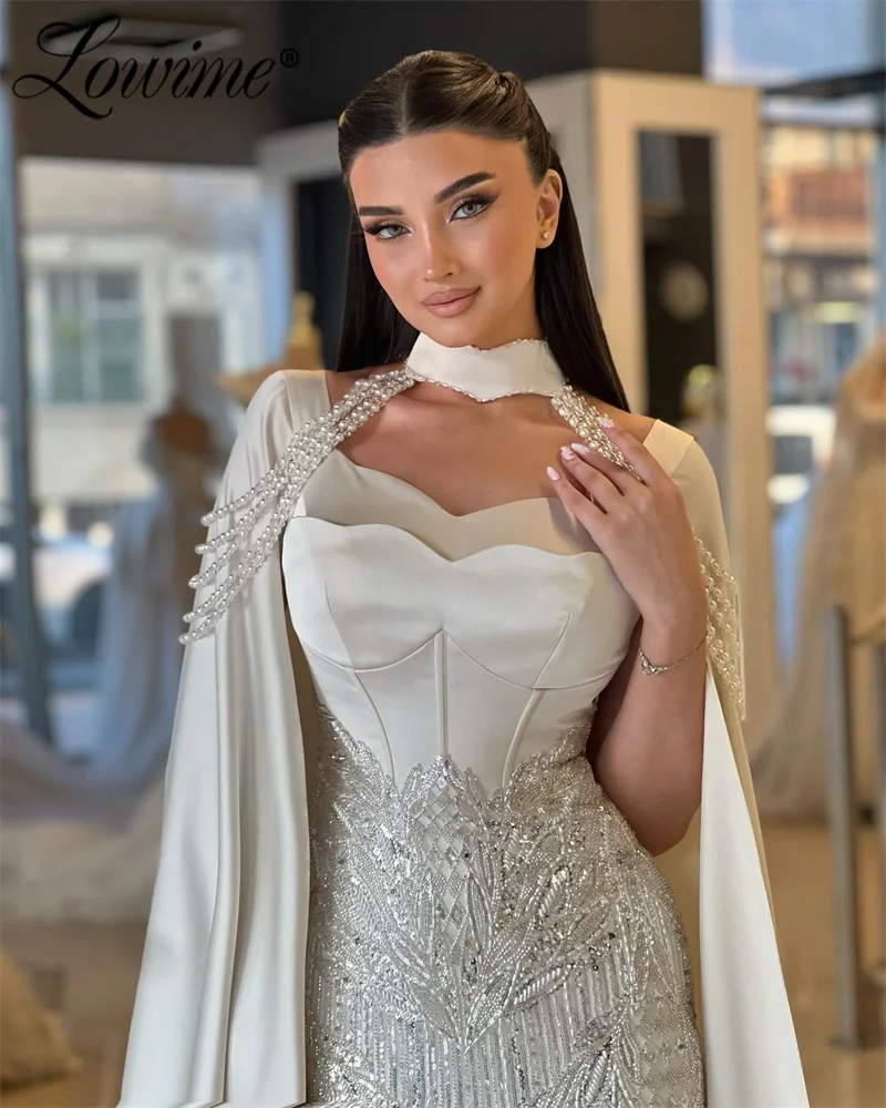 

2025 Arabic Cape Sleeves Mermaid Evening Dress Customized Arabia Dubai Women Party Gowns Weddings Pearl Crystals Prom Dresses