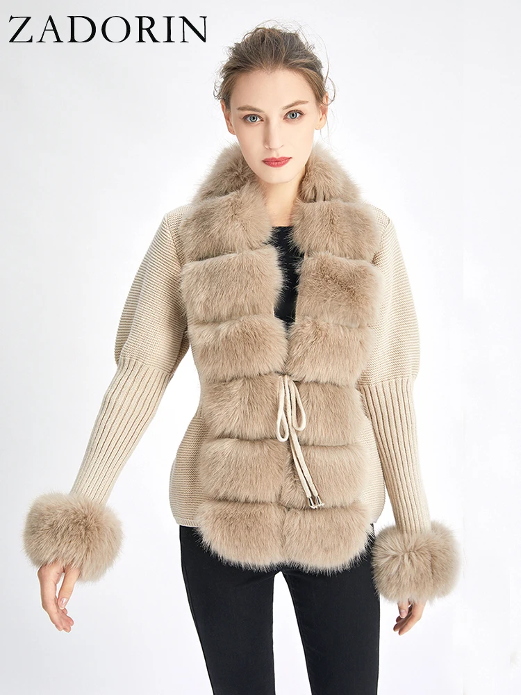 ZADORIN Luxury Fur Cardigan Knit Winter Sweater Women Elegant Detachable Fur Belt White Pink Black Womens Cardigan Korea Style