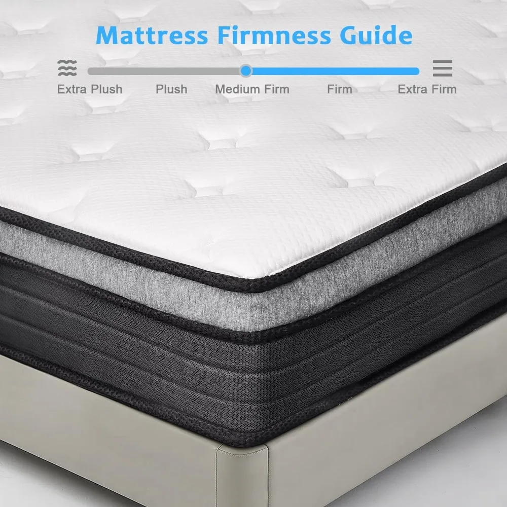 Matelas Queen Size Eiue - Hybride 10 pouces, ressorts ensachés, ferme moyenne, respirant et de soutien