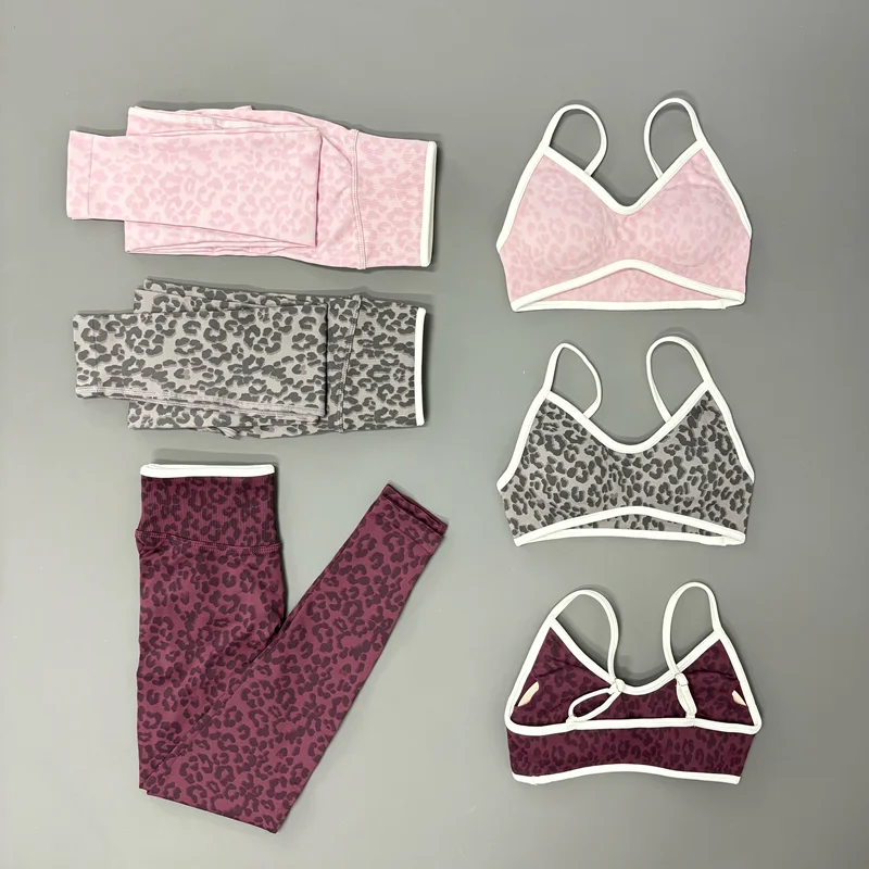 2 Piece Gym Set Women Leopard Thin Strap Sports Bra Seamless Butt Lift Stretch Yoga Leggings Fitness Workout Running Activewear