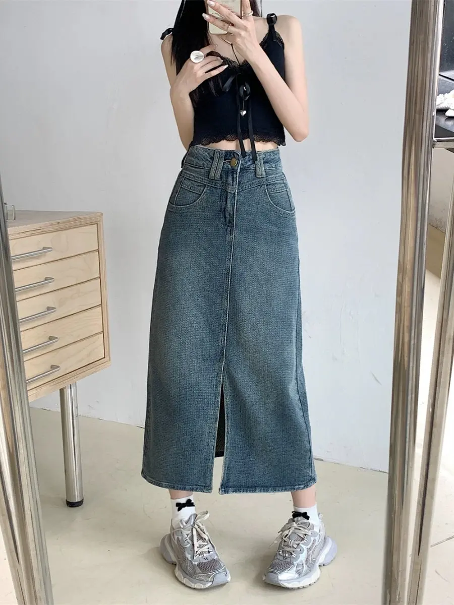 2026 Summer New High Waist Denim Skirts Women's Oversized Korean Style Vintage Split A-Line Skirt Fashion Versatile Jean Skirts