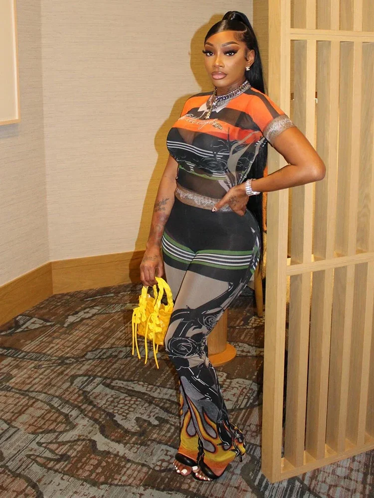 

Модный лоскутный комплект из 2 предметов, женские сетчатые прозрачные топы + узкие брюки с принтом пламени, популярные сексуальные хипстерские наряды для девочек