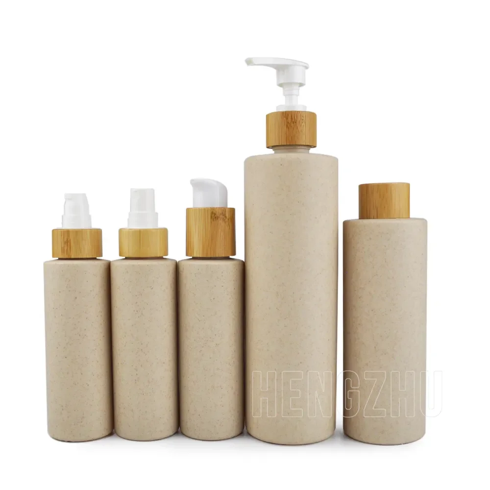 Bombas de botellas biodegradables de paja de trigo ecológicas, 100-400ml, champú, Gel de ducha, envases cosméticos vacíos con tapa de bambú, 1 Uds.