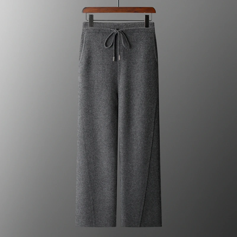 New autumn/winter thickened Scimitar 100% Merino wool wide leg pants men's cashmere sweatpants with pocket elasticated waist woo