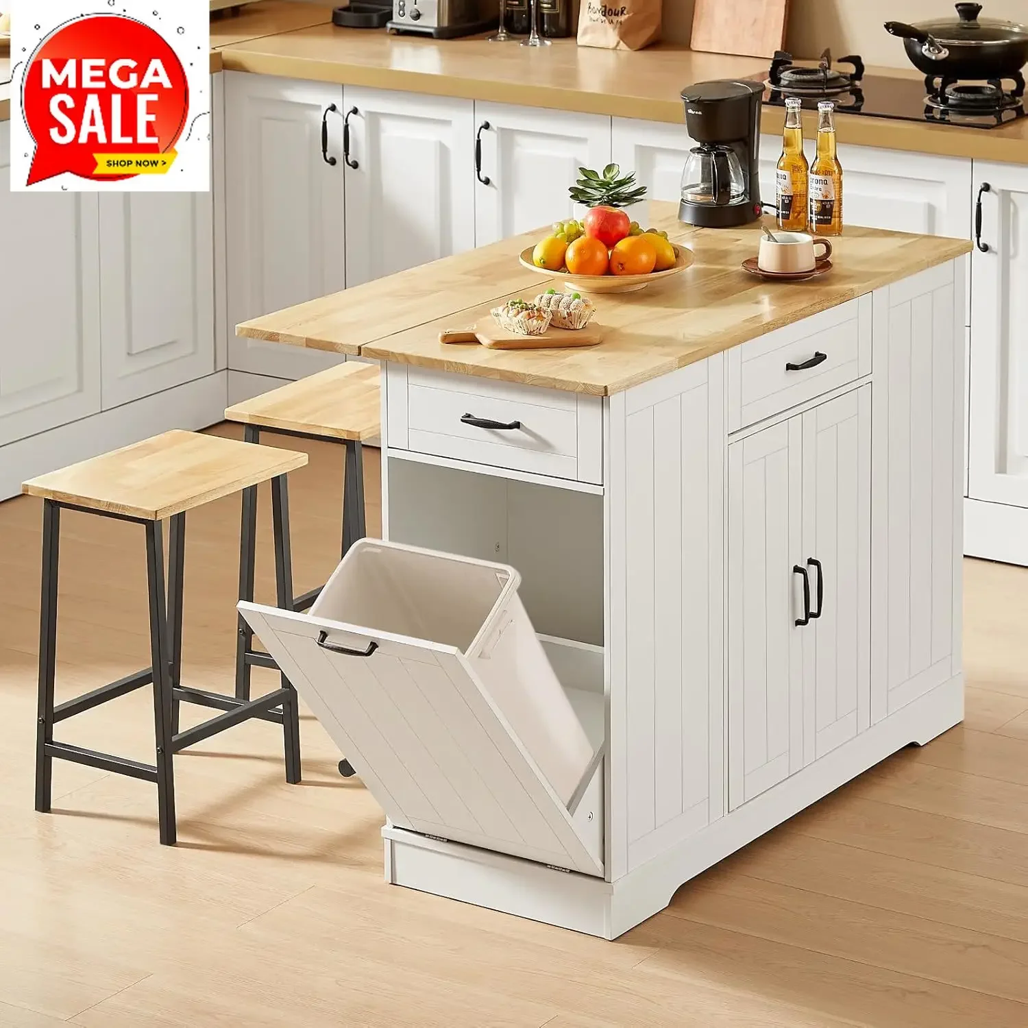 

Factory Price Stationary Kitchen Islands Include 2 Chairs, 47" Kitchen Island with Drop Leaf, Home Bar Table with Spice Rack & w