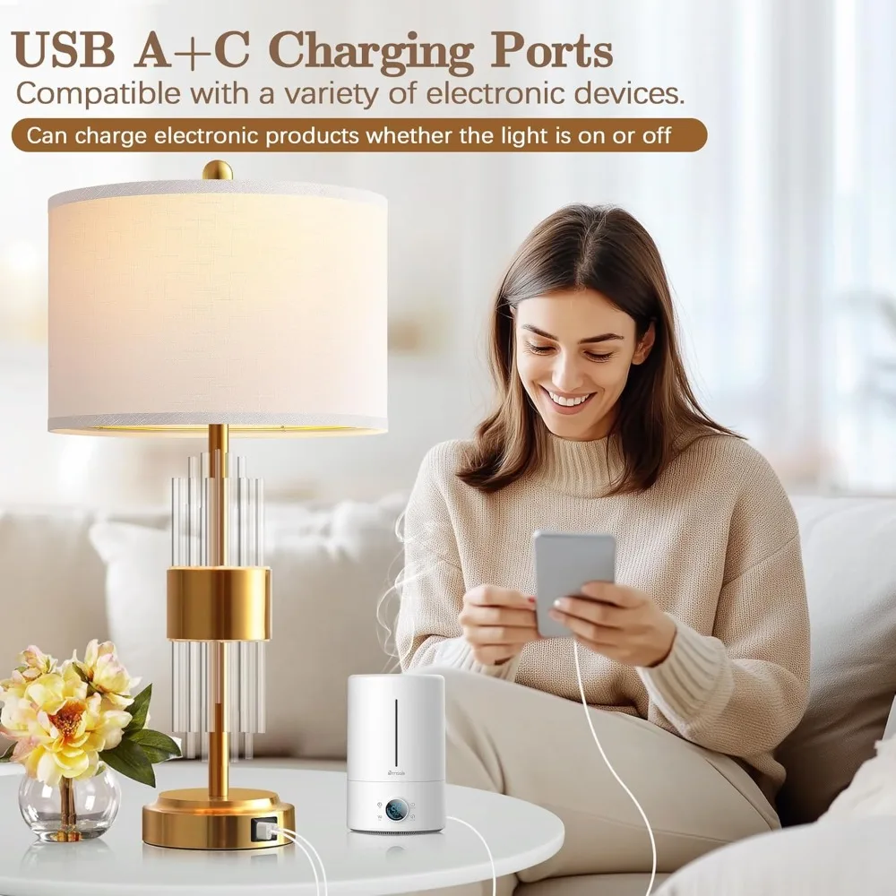

Настольная лампа для гостиной с USB-портами A и C, золотистые прикроватные светильники (комплект из 2 шт.), сенсорное управление, современная лампа для прикроватной тумбочки, белый абажур, для дома