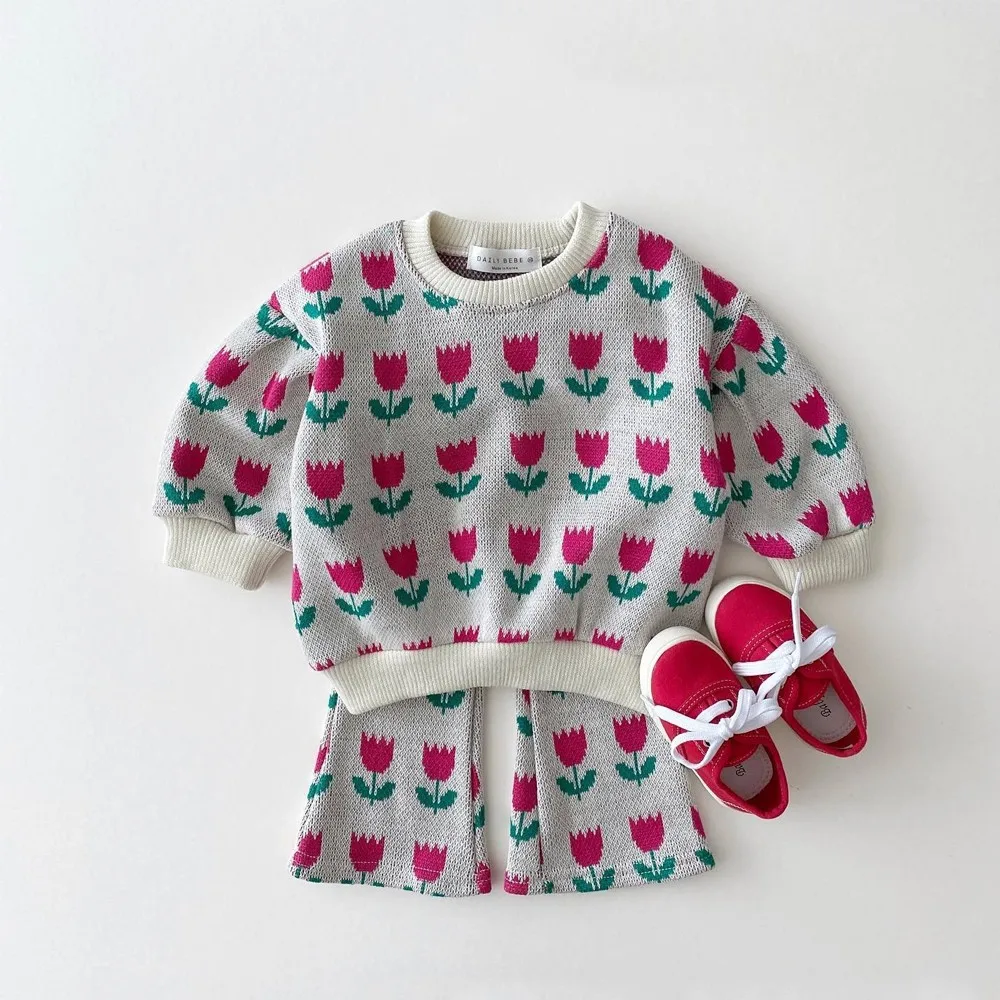 Winter Toddler Baby Girl Clothes Sets 2pcs Knitted Sweater Tops+Flared Pants Children Lovely Pattern Outfits For Girls Knit Suit