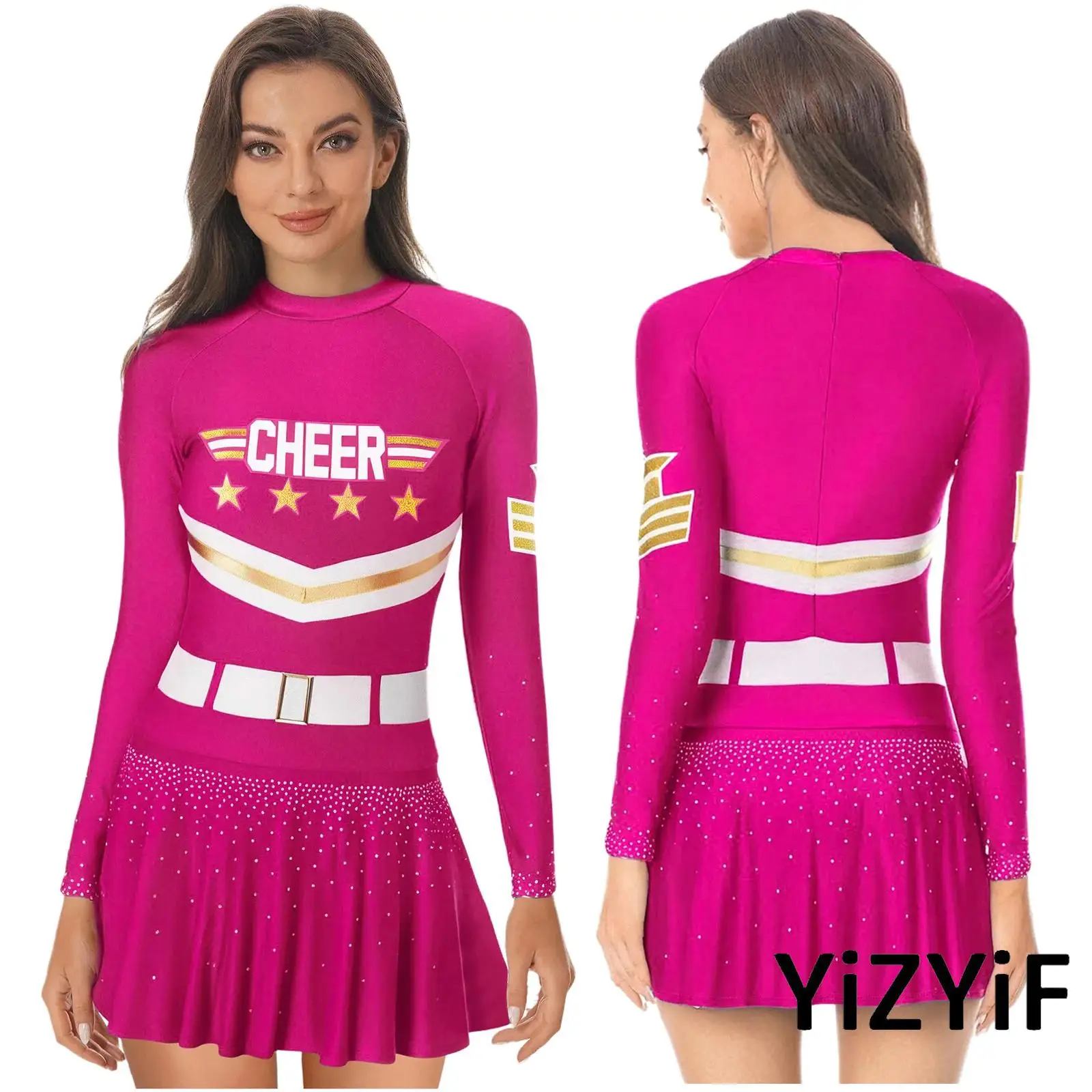

Cheer-leading Dress Fashion Women Halloween Letter Star Stripe Printed Glittery Rhinestone Embellished Cosplay Outfit Party
