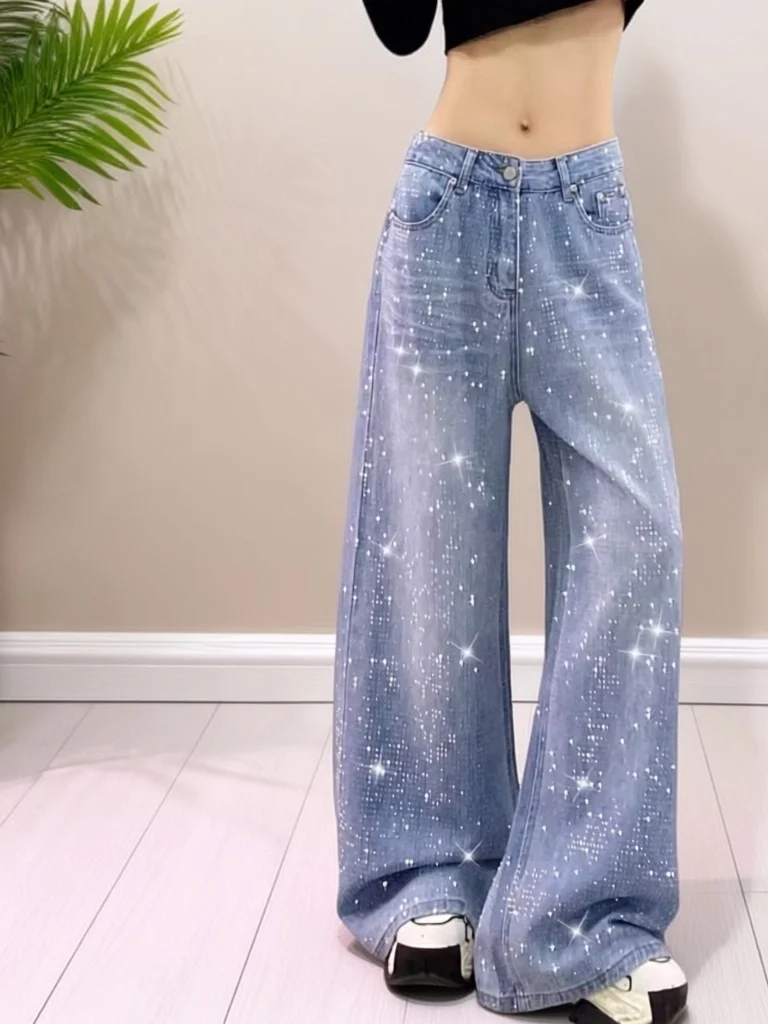 

iny Rhinestone Decorated High Waist Wide Leg Jeans Sparkling Slimming Women's Faion Spring Casual Denim Pants