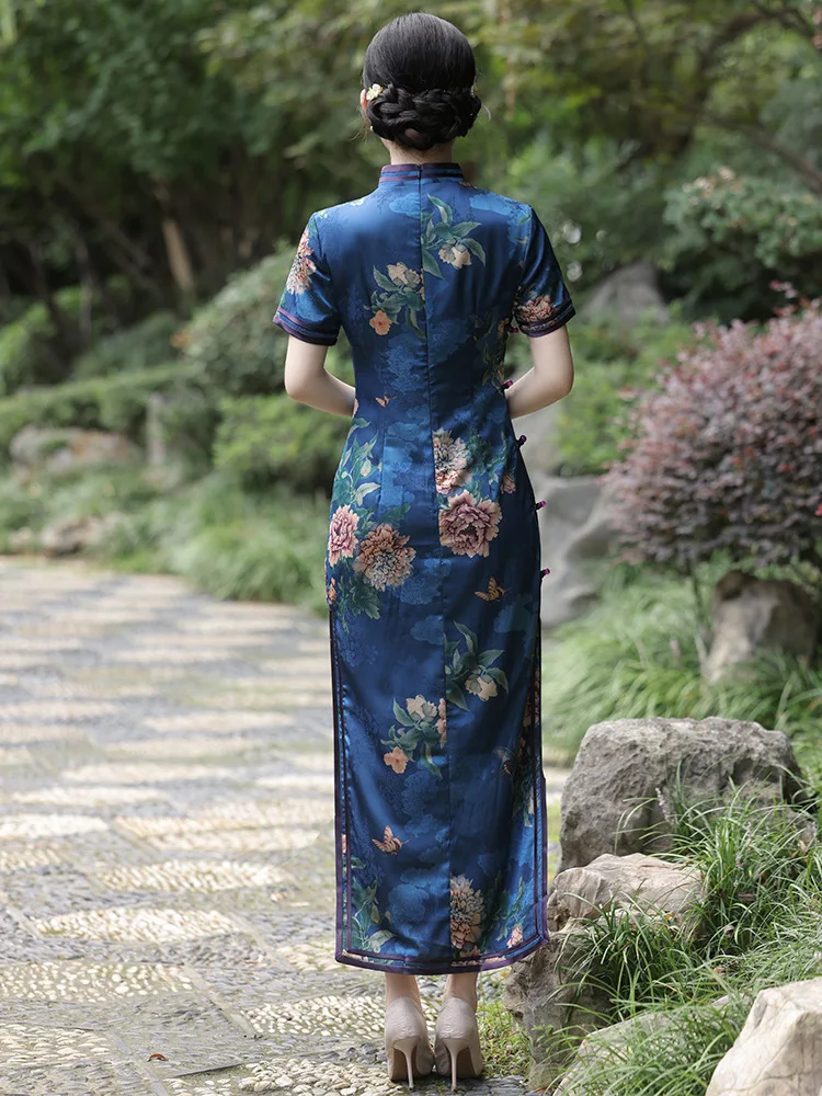 FZSLCYIYI Traditional Mandarin Collar Qipao Short Sleeves Pritned Satin Double Layer Chinese Long Style Cheongsam Dress