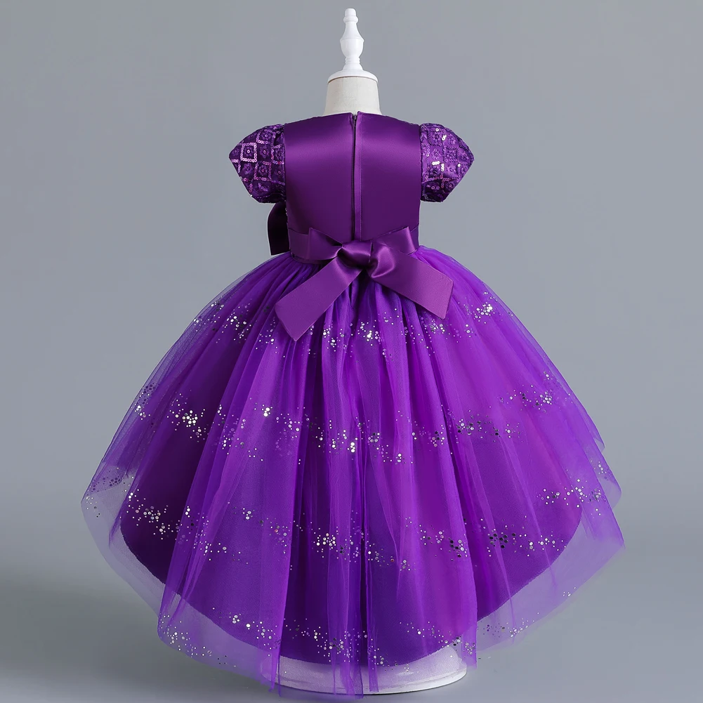 New Purple Girls\' 3-12 anni girocollo Trail Party Dress paillettes Bubble Sleeves Princess Dress adatto per bambini