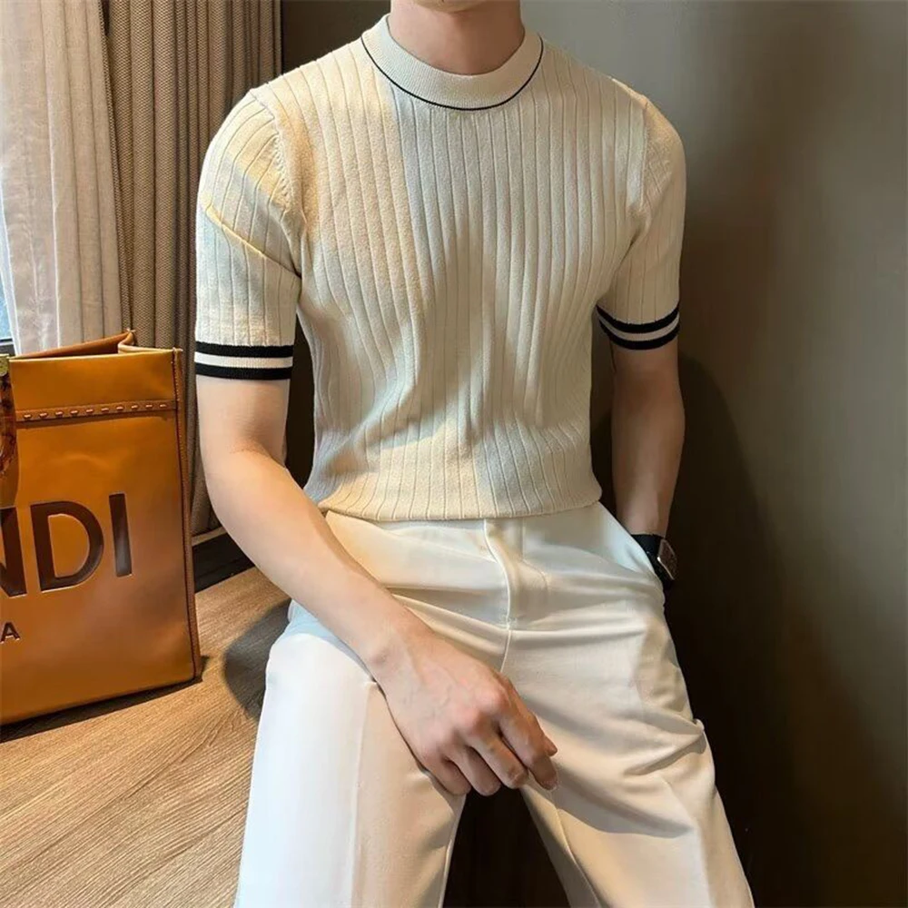 

Men's Contrast Color Knitted Short-Sleeved T-Shirt American Retro Fashion Trend Loose Casual Breathable Summer New Men's Tops