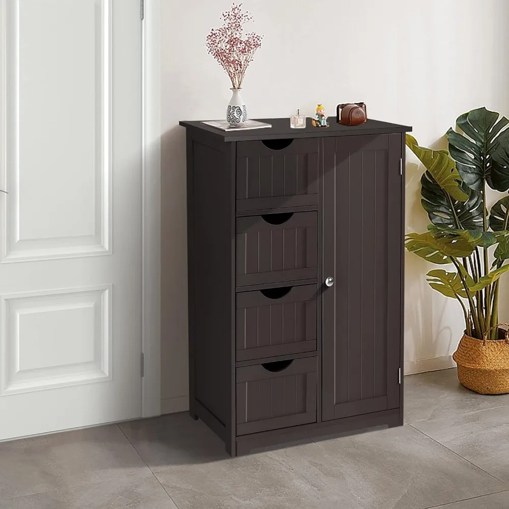 

Small Bathroom Floor Cabinet Free Standing Waterproof Wooden Side Storage Organizer with 4 Drawer and 1 Cupboard Homes Furniture