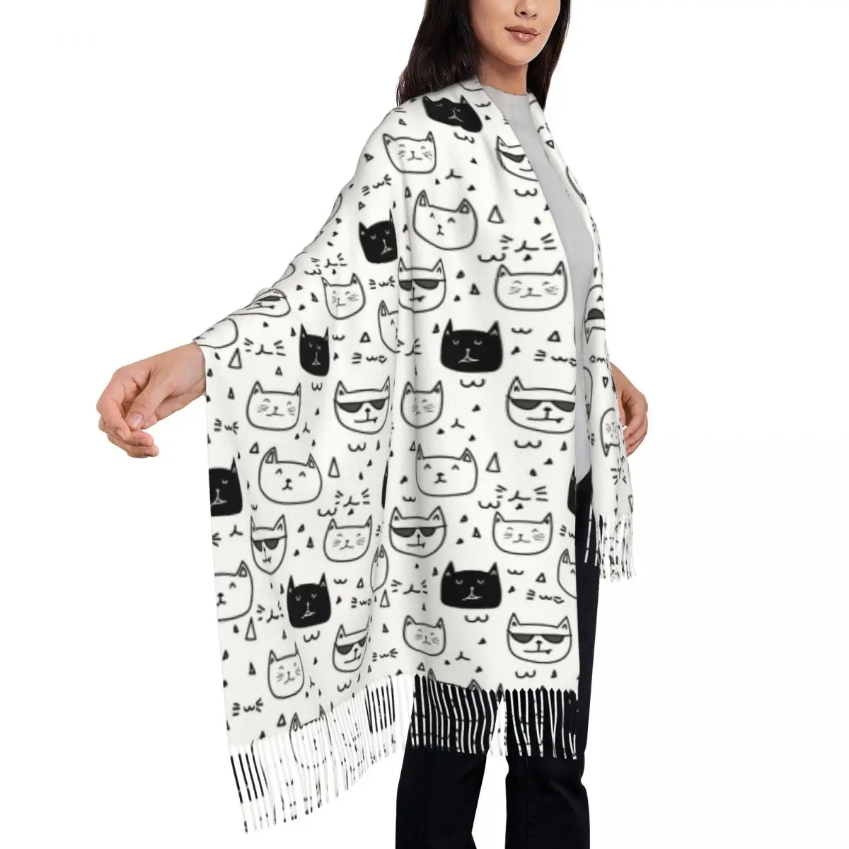 Custom Cartoon Kitten Zwarte Kat Kwastje Sjaal Vrouwen Zachte Sjaals Wraps Dame Winter Sjaals