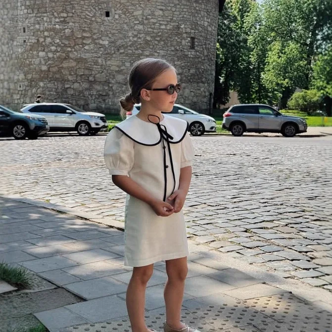 INS 2-8Yrs Kids Girls Summer Dress Colorblock Doll Collar Elegant British-French Style Princess Dress UNITIM Children Girl Dress