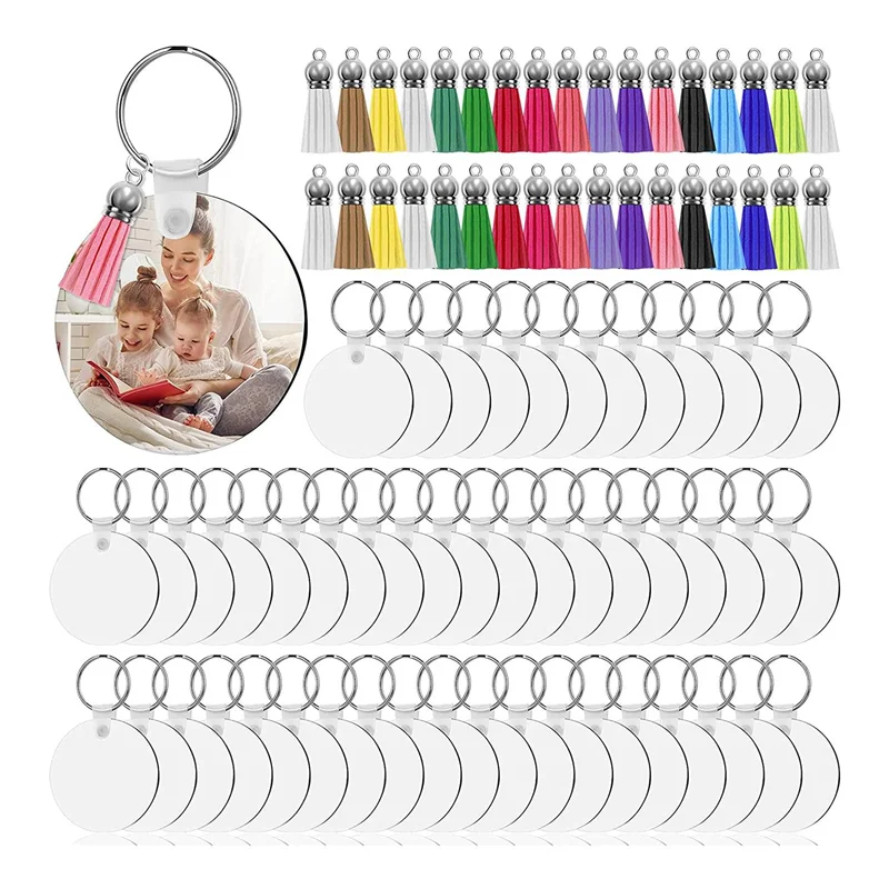 

50 Sets Sublimation Blank Keychains MDF Keychain Decorative Label Set with 2inch Heat Transfer Keychain Blanks