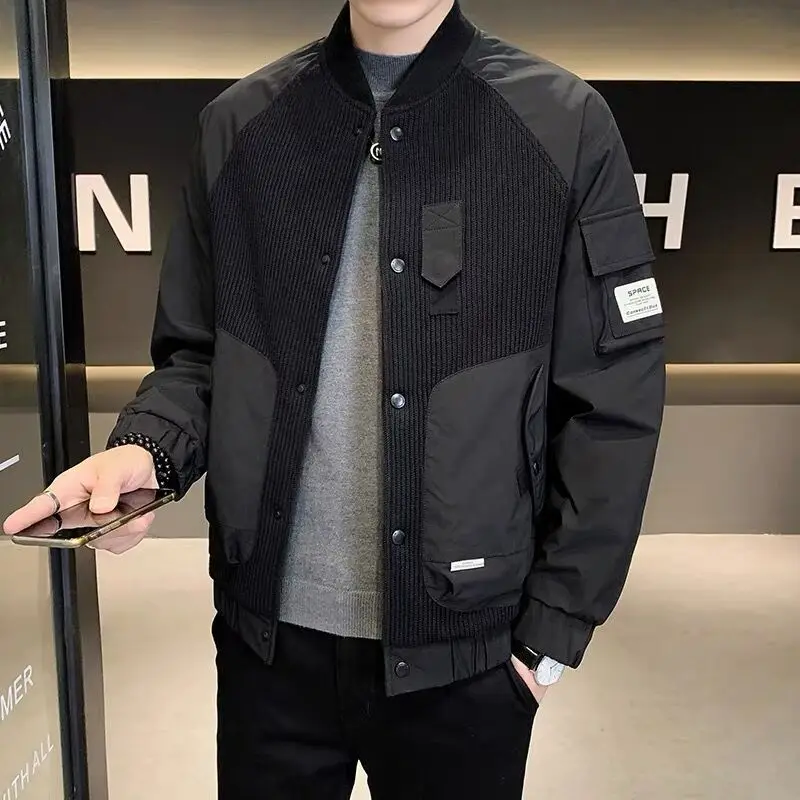 

Men's Knitted Baseball Jaet Pilot Coat Spring Autumn Trendy Outerwear Long Sve Breathable Loose Fit Youth Faion