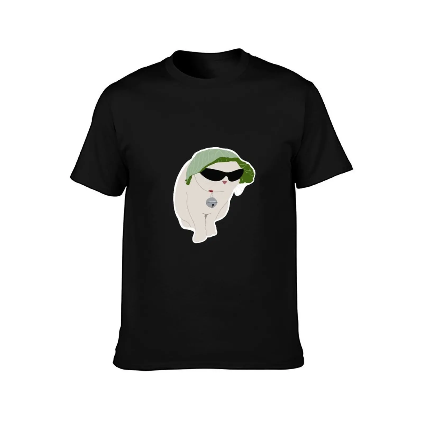 Lettuce Hat Cat (Black) T-Shirt, Summer Casual Cotton Tee, Oversized Streetwear Tops, Vintage Graphic Print, Unisex Men Women