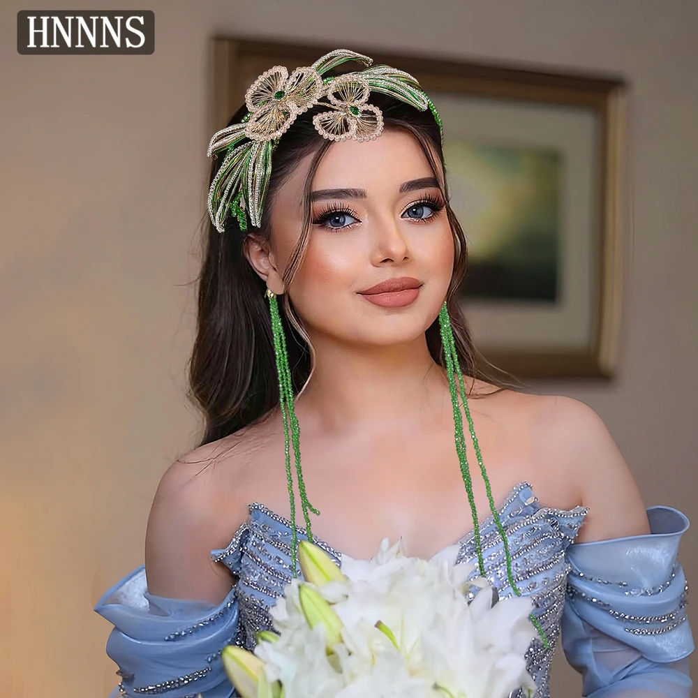 

HNNNS Green Crystal Headband Wedding Bridal Bridesmaid Hair Accessories Tassel Headdress Headpiece Women's Crystal Hairband A403