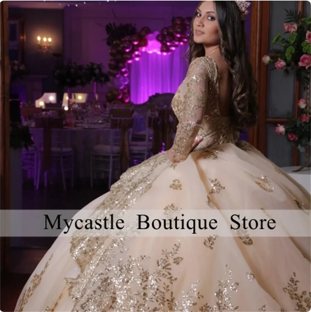 الشمبانيا الدانتيل الترتر فستان Quinceanera 2025 س الرقبة زين حبة مشد حفلة موسيقية فستان كشكش الكرة ثوب مخصص الحلو 16 فستان #3