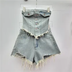 Denim Jumpsuit Wide Leg Shorts Women Fashion Versatile Single Breasted Hollowed Out Waist Strapless Rolled Edge Jumpsuit Shorts