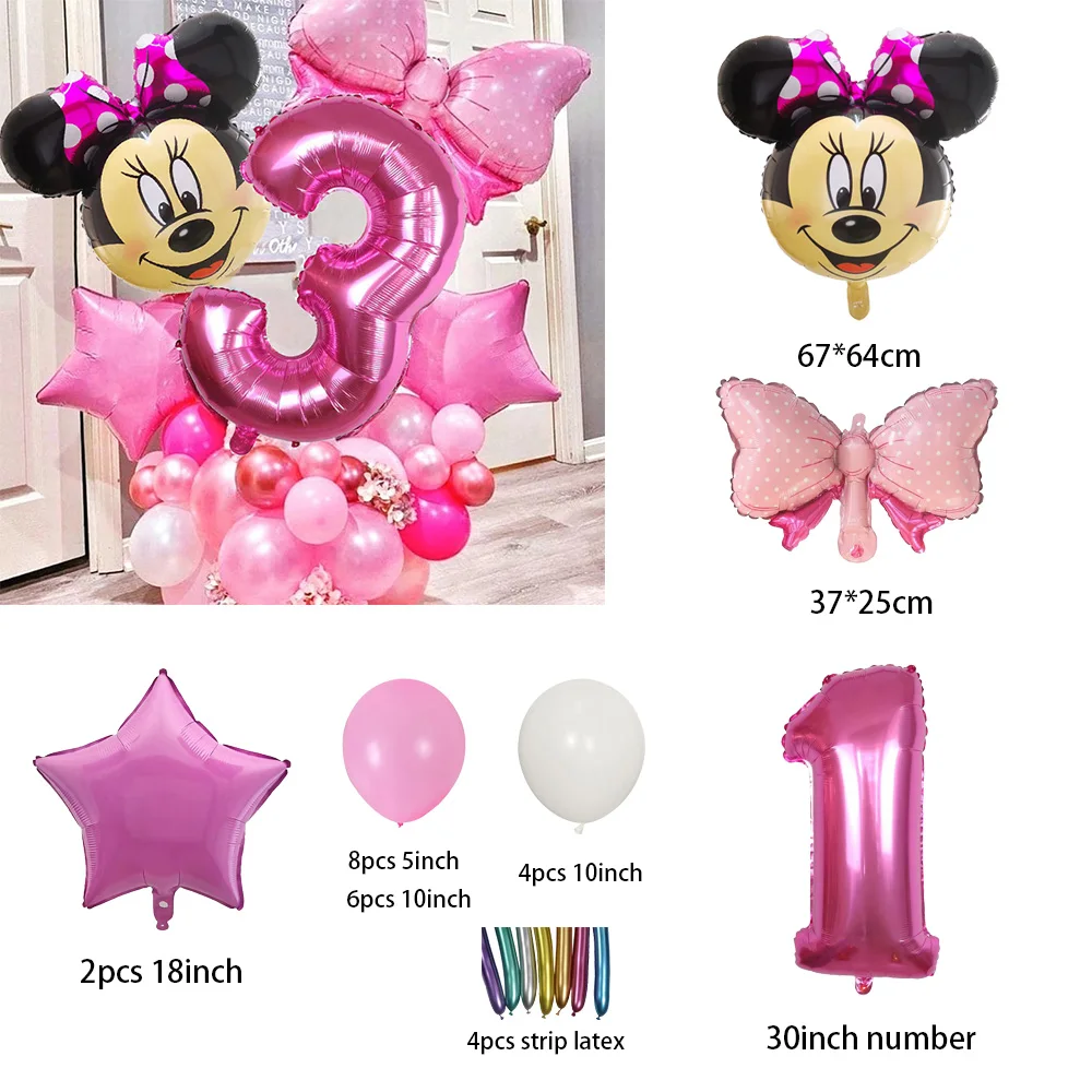 Juego de globos de aluminio con cabeza de Minnie Mouse para fiesta temática de Disney, decoración con número de 30 pulgadas para cumpleaños de niña