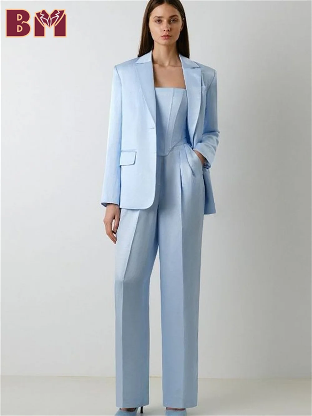 

BRLMALL-2PCS Fashion Notched Lapel Women Suit Set Jacket Pants 2025 Elegant Sky Blue Women Suit Customized Women Office Suit