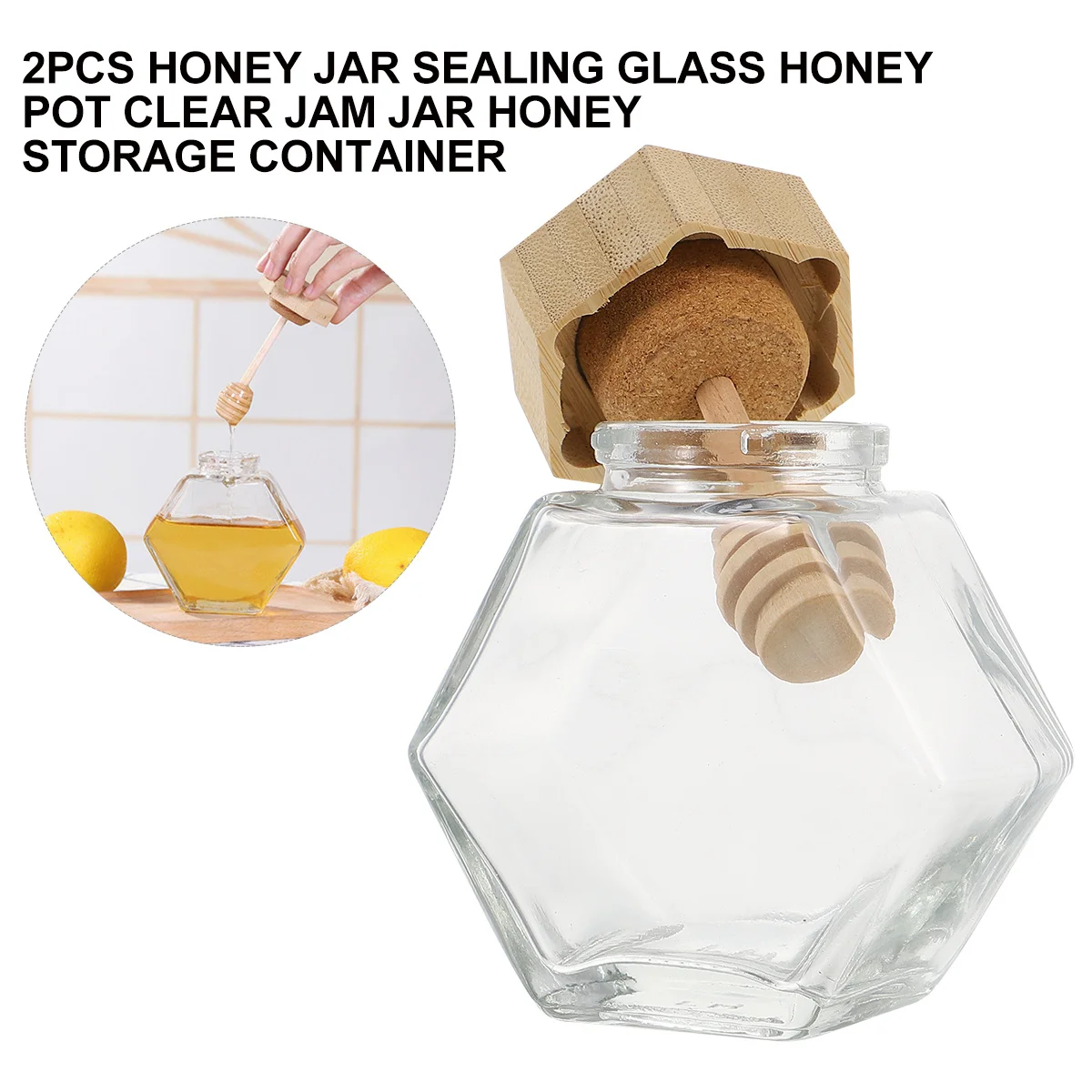 

2Pcs Honey Storage Jar Clear Glass Honey Pot Sealed Container Wood Lid Kitchen Storage Jar Clear Jars Glass Containers
