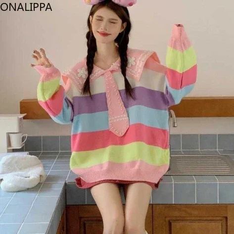 Onalippa Beaded Peter Pan Collar Striped Sweater Women Kawaii Contrast Tie Oversized Sweaters Korean Chic Design Knit Pullover