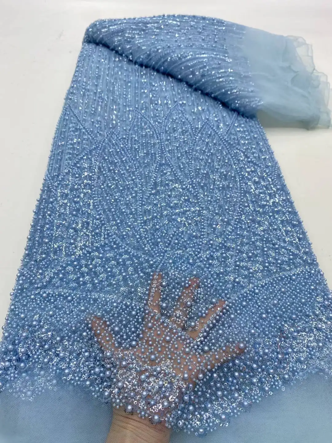 

Luxury African Beaded 2025 High Quality Nigerian Sequins With Pearl Lace French Tulle Lace Fabric For Party Dress Sewing