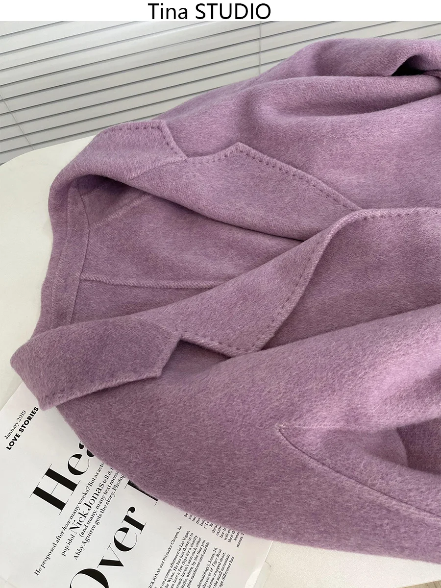 

New Sweet Purple Long Double-sided Wool Women Rabbit Velvet Coat Lace-up Mulberry Silk Double Breasted Wool Coat Autumn Winter