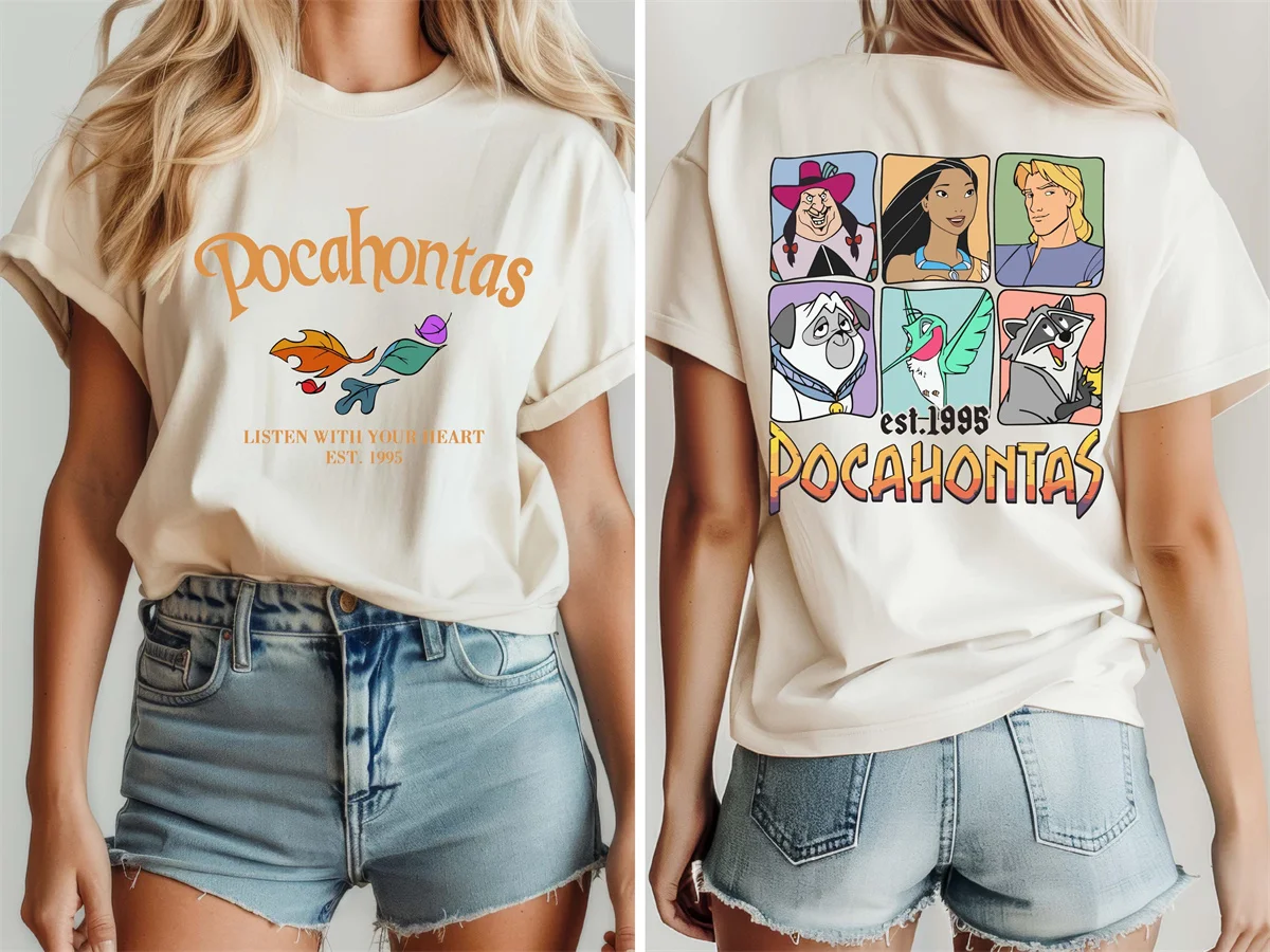 

Двусторонняя хлопковая футболка Pocahontas Meeko Afternoon Dreaming Colors of the Wind Disney Princess Friends Trip, летний женский топ