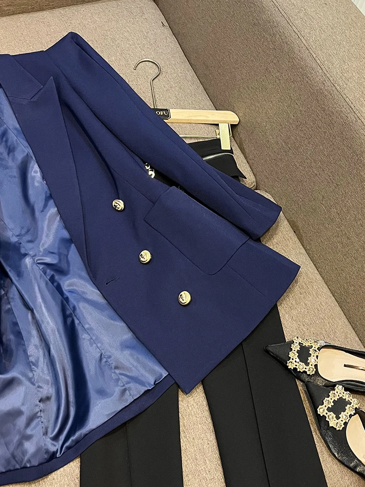 2023New Street High-Quality Design Royal Blue Women Fashion Elegant 2Pieces Blazers Sets With Shoulder Pads Personize Lady Suits