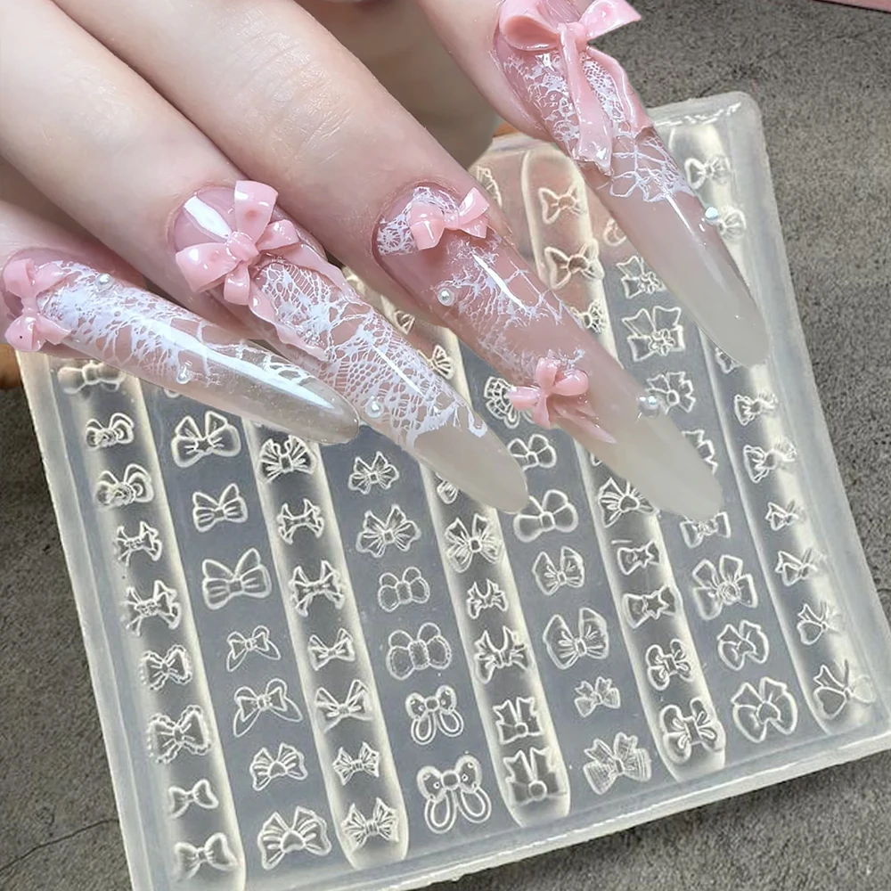 

1 шт. Y2K Kawaii кремовый шаблон для дизайна ногтей с бантом и лентой, 5D рельефный акриловый трафарет для украшения ногтей, DIY